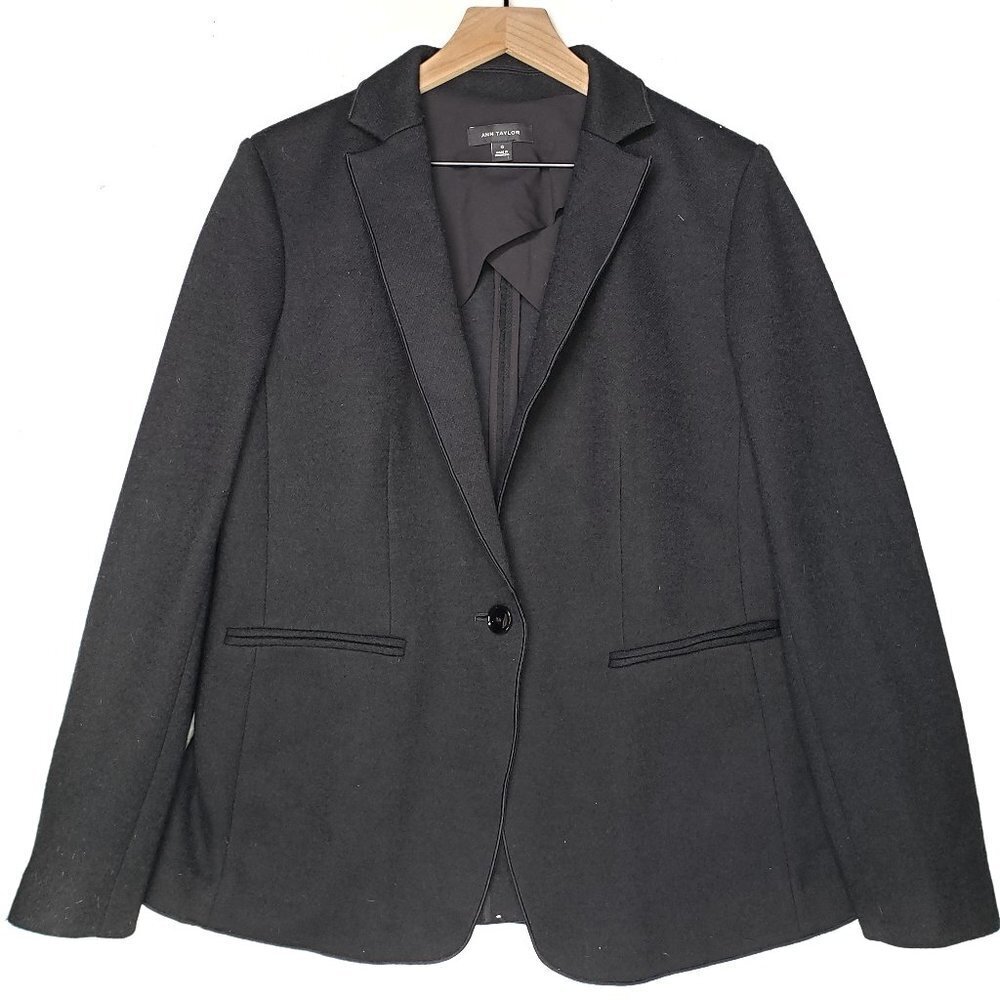 Ann Taylor Wool Blend Blazer Edge Stitched Single Button 10 Black Jacket‎